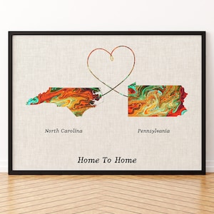 North Carolina and Pennsylvania Map Canvas Print, Any Two States Or Countries Map Poster, Gift For Wedding and Anniversary and Birthday