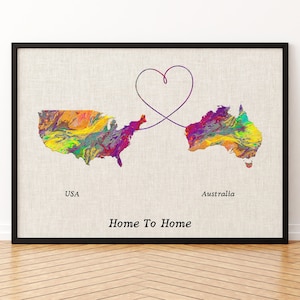 Impression sur toile de carte des États-Unis et de l'Australie, affiche de carte de deux États ou pays, cadeau pour mariage et anniversaire