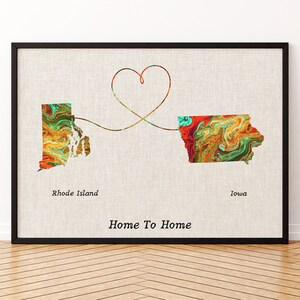 Impression sur toile de carte du Rhode Island et de l'Iowa, affiche de carte de deux États ou pays, cadeau pour mariage et anniversaire