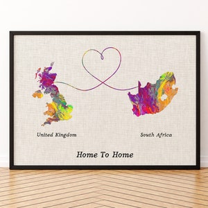 Impression sur toile de carte de la Grande-Bretagne et de l'Afrique du Sud, affiche de carte de deux États ou pays, cadeau pour mariage, anniversaire et anniversaire