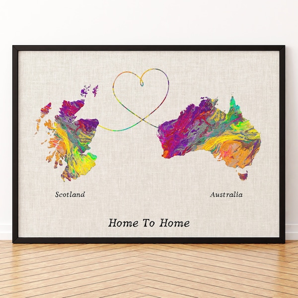 Scotland and Australia Map Canvas Print, Any Two States Or Countries Map Poster, Gift For Wedding and Anniversary and Birthday