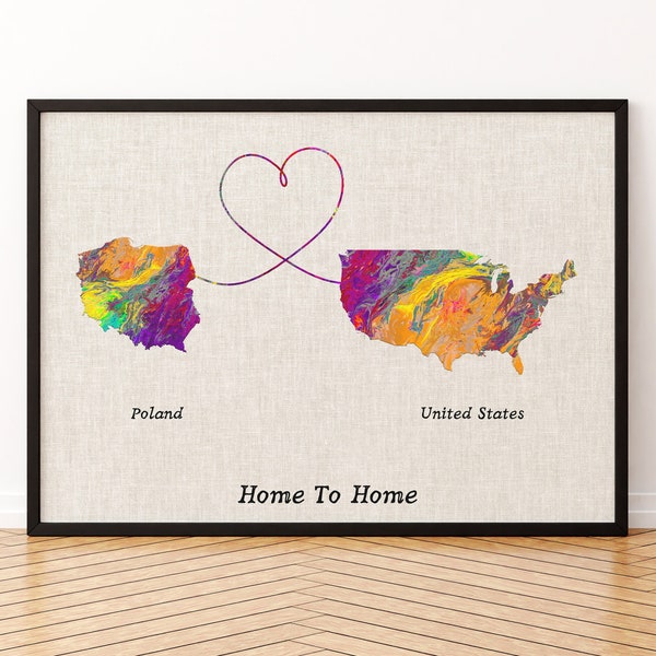 Poland and United States Map Canvas Print, Any Two States Or Countries Map Poster, Gift For Wedding and Anniversary and Birthday