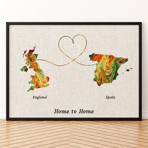 Impression sur toile de carte de la Grande-Bretagne et de l'Espagne, affiche de carte de deux États ou pays, cadeau pour mariage et anniversaire