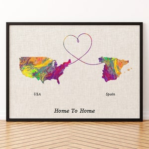 Impression sur toile de carte de l'Espagne et des États-Unis, affiche de carte de deux États ou pays, cadeau pour mariage, anniversaire et anniversaire
