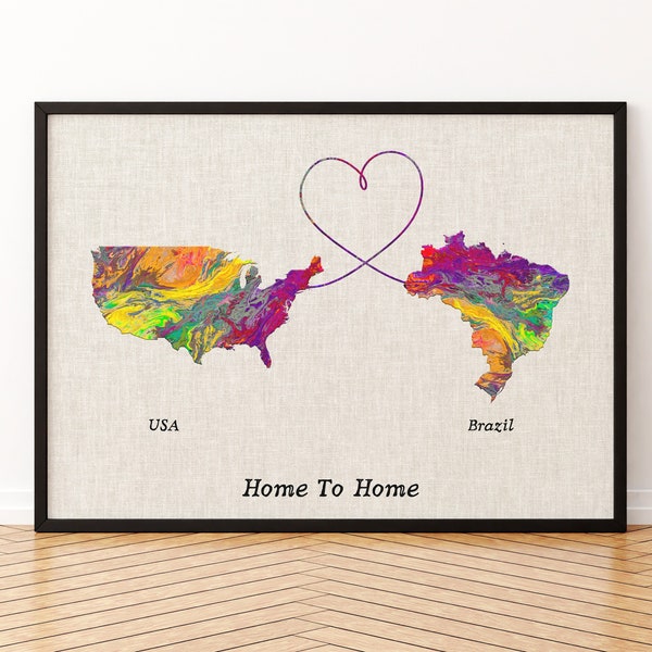 USA and Brazil Map Canvas Print, Any Two States Or Countries Map Poster, Gift For Wedding and Anniversary and Birthday