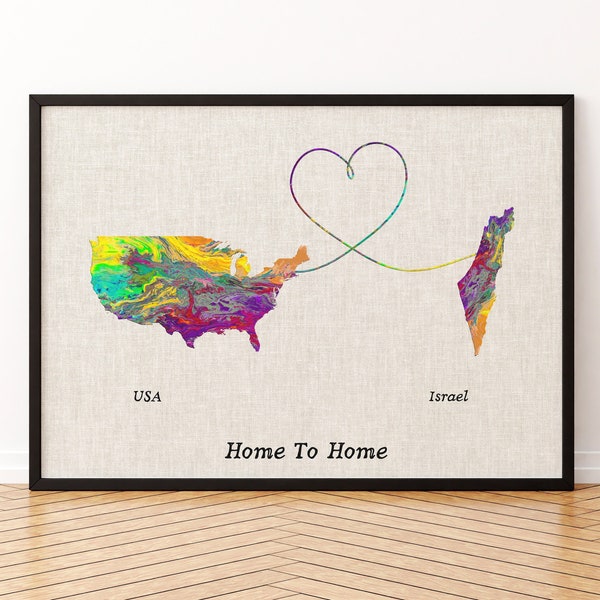 Israel and USA Map Canvas Print, Any Two States Or Countries Map Poster, Gift For Wedding and Anniversary and Birthday