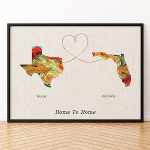 Impression sur toile de carte du Texas et de la Floride, affiche de carte de deux États ou pays, cadeau pour mariage et anniversaire