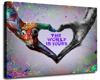 The World Is Yours Graffiti Canvas Print, Graffiti Stylish Hands Wall Art, Hands Heart Sign Poster Print, Best Gift For Friends