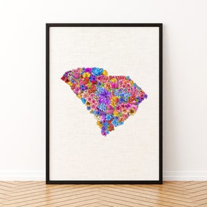 South Carolina State from Watercolor Flowers Canvas Wall Art, South Carolina Flowers Painting Poster Print