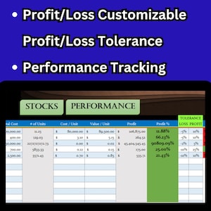 May include: A green and white table with the words "STOCKS" and "PERFORMANCE" at the top. The table shows a list of numbers and percentages. The table also includes the words "Tolerance Loss Profit" and has a green and red colour scheme.