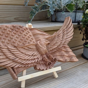 Carved Bald Eagle | Wooden sign | American Flag | Patriotic Sign | Wavy flag |  American Decor | Veteran | Unique gift | Free Stand