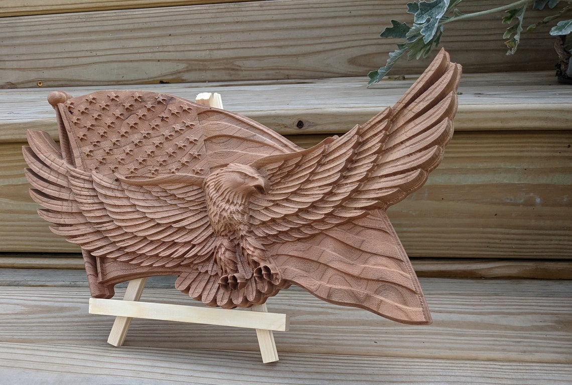 Carved Bald Eagle Wooden Sign American Flag Patriotic Sign Wavy Flag