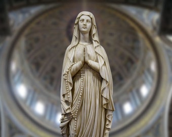 Statue de la Vierge de Lourdes. Marbre moulé. 59cm. Fabriqué à la main en Europe. Art ancien. Idées déco, jardin et cadeaux.