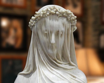 Riproduzione di busto di vestale velata. Scultura in marmo modellato. 33 cm. Fatto a mano in Spagna. Decorazione, giardino e regalo.