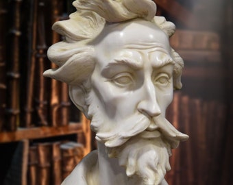 Büste von Don Quijote. Geformter Marmor. 39cm. Handgefertigt in Spanien. Ideen neoklassizistischer Skulpturen für Dekoration und Geschenke.