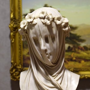 Veiled vestal bust. Molded marble. 53cm. Handmade in Spain. Neoclassical art sculpture ideas for decoration and gift.