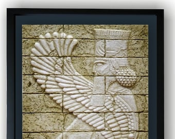 Mesopotamian sphinx. Right. Framed relief. 62x45cm. Art reproductions. Resin with marble dust. Handmade in Spain