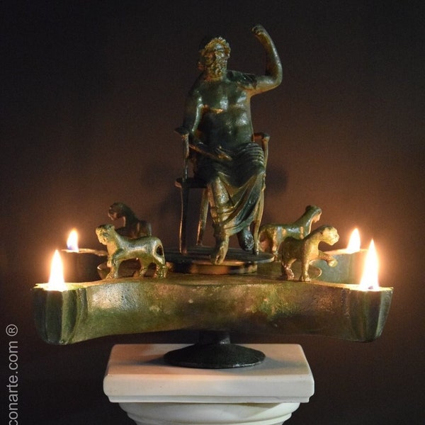 Lampe avec statue de Jupiter-Zeus. Reproduction en bronze coulé. 30cm.
