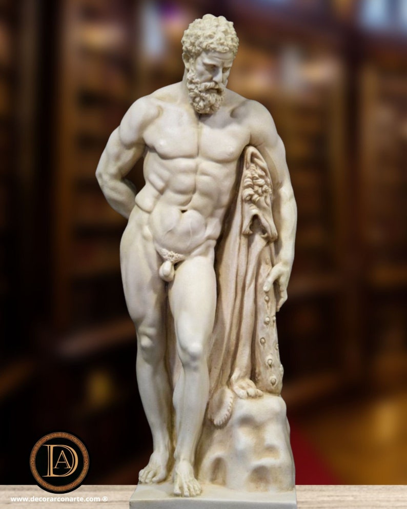 Sculptuur van Hercules Farnese. Gegoten marmer. 60 cm. Handgemaakt in Spanje. Neoklassieke oude kunst. Decoratie, tuin en cadeau. afbeelding 1