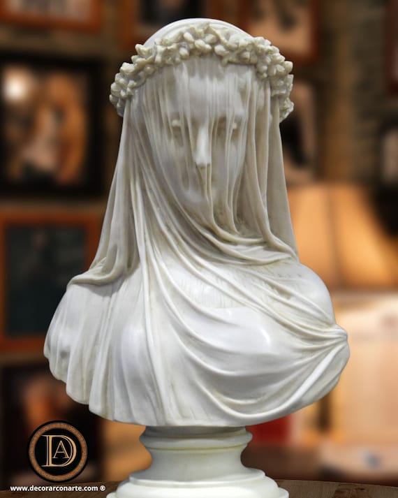 Reproduction of Bust of a Veiled Vestal. Molded Marble Sculpture. 33 Cm.  Handmade in Spain. Decoration, Garden and Gift. 