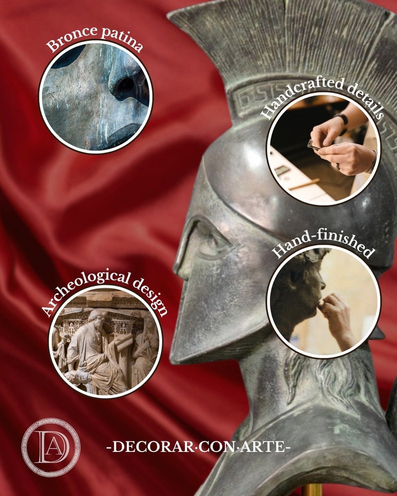May include: A bronze-patina bust of a Spartan warrior, featuring a helmet and detailed craftsmanship. The image highlights the archaeological design and hand-finished details. The text reads "DECORAR CON ARTE."