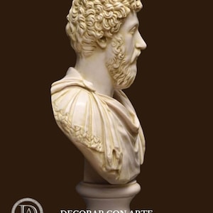 May include: A white plaster bust sculpture of a man with a beard and curly hair. The bust is on a white pedestal.