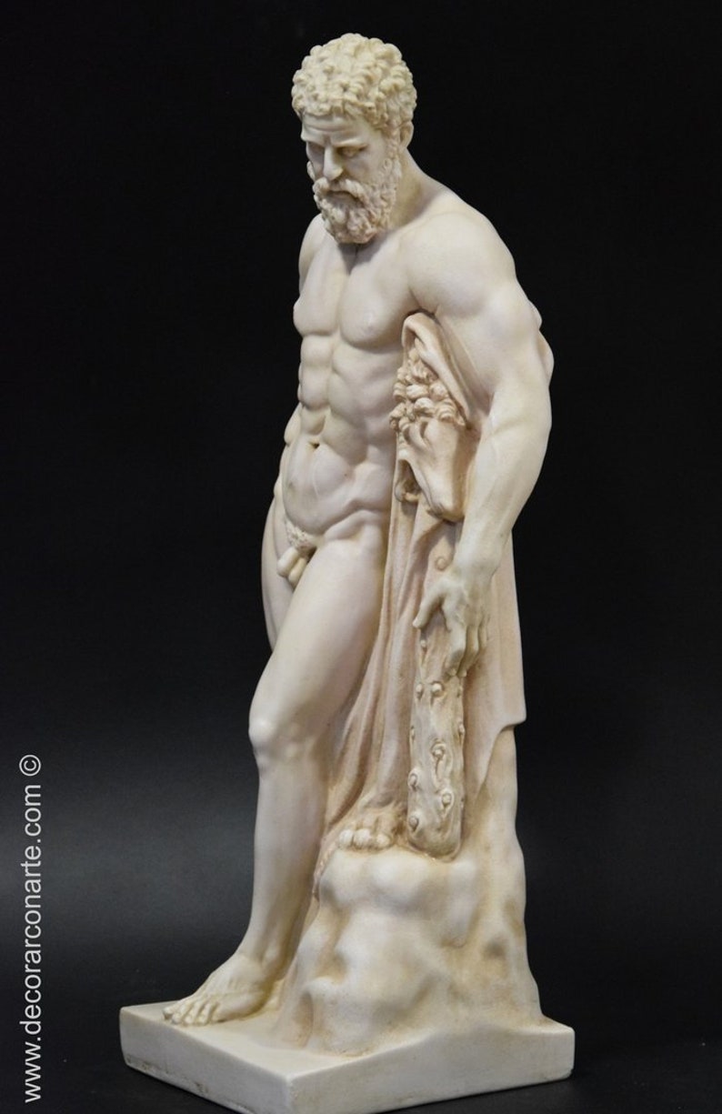 Sculptuur van Hercules Farnese. Gegoten marmer. 60 cm. Handgemaakt in Spanje. Neoklassieke oude kunst. Decoratie, tuin en cadeau. afbeelding 3