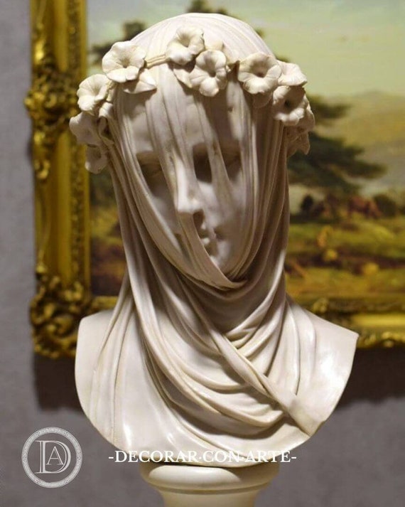 Bust of a Veiled Vestal Virgin. Cast Marble. 53 Cm. Handmade in