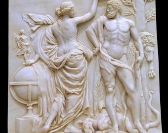 Reliëf van Hercules gekroond met Glorie. 50 cm. Gevormd marmer. Handgemaakt in Spanje. Neoclassicistische kunst. Decoratie en cadeau.