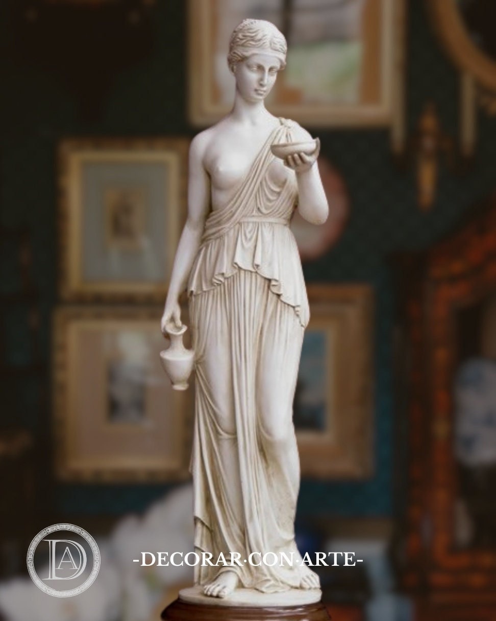 Sculpture of Hebe, goddess of youth. 63 cm. Molded marble. Handmade in Spain. Neoclassical antique art. Decor, garden, and gift.