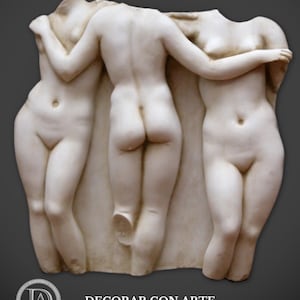 Reliëf van de Drie Gratiën. 39 x 37 cm. Gevormd marmer. Handgemaakt in Spanje. Reproducties van klassieke kunst. Decoratie en cadeau.
