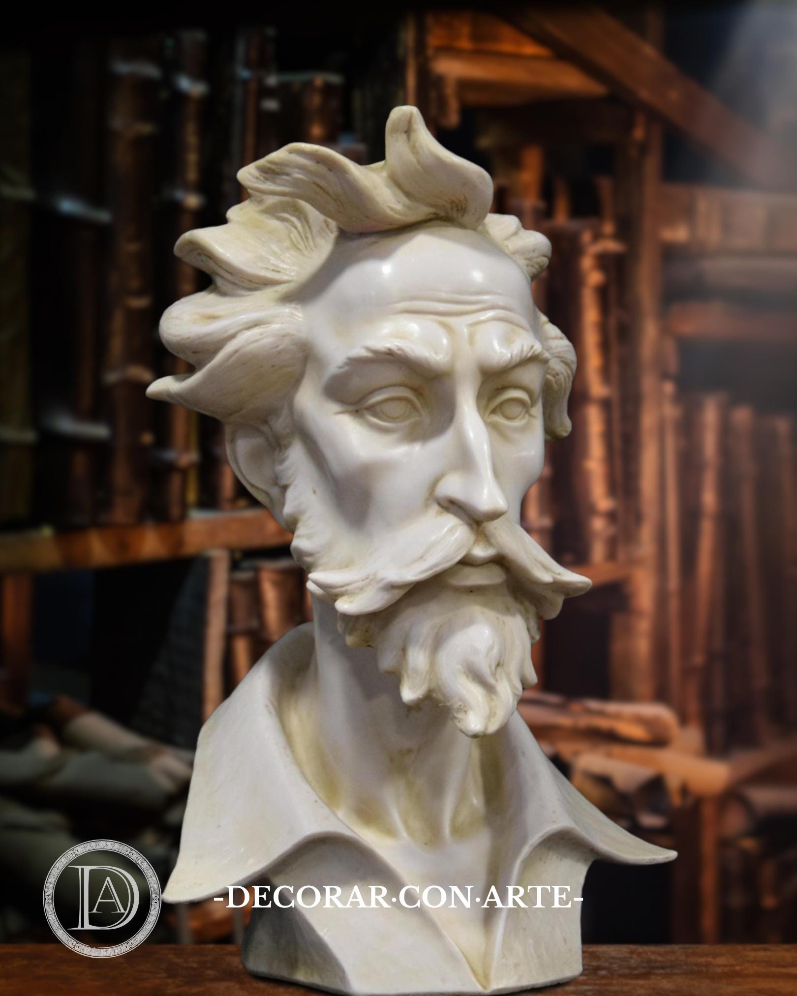 Bust of Don Quixote. Molded marble. 39 cm. Handmade in Spain. Neoclassical sculpture ideas for decoration and gift.