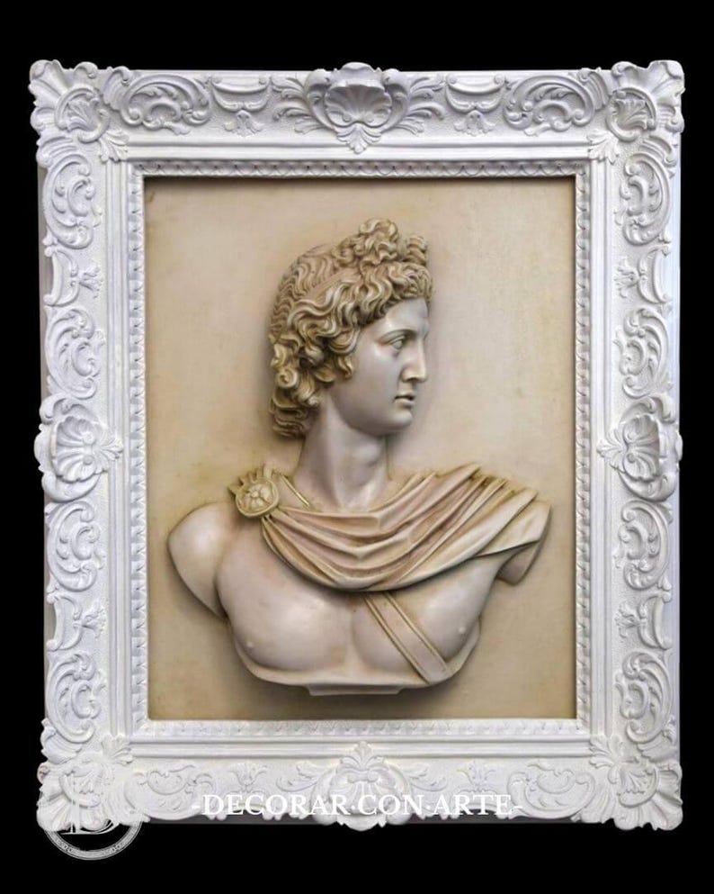 Hoogreliëf van de Apollo Belvedere. 65x55 cm. Handgemaakt. Interieurdecoratie. Wanddecoratie. Cadeau voor kunstliefhebbers. afbeelding 1