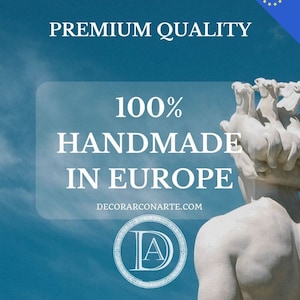 May include: A white marble statue of a man with a blue sky background. The statue is 100% handmade in Europe. The text "PREMIUM QUALITY" and "DECORARCONARTE.COM" are visible in the image.