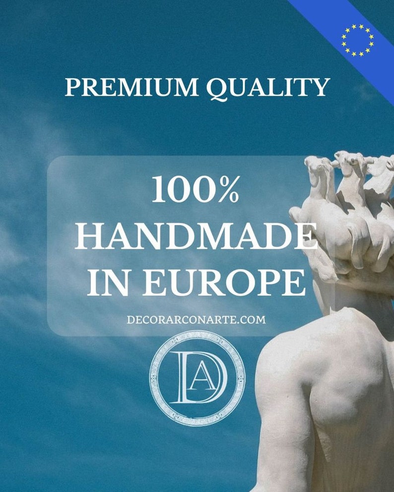 May include: A white marble statue of a man with a blue sky background. The statue is 100% handmade in Europe. The text "PREMIUM QUALITY" and "DECORARCONARTE.COM" are visible in the image.