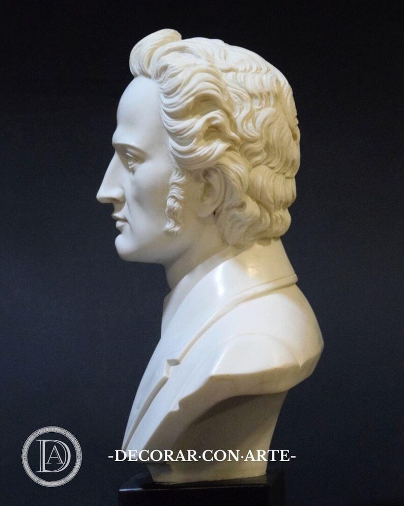 Puede incluir: Un busto de m&aacute;rmol blanco de un hombre con el pelo corto y ondulado. El busto se ve de perfil, mostrando el perfil del hombre. El busto est&aacute; sobre una base negra.