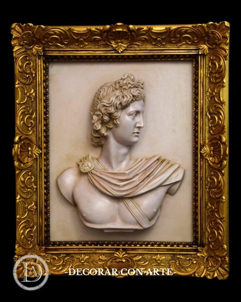 Hoogreliëf van de Apollo Belvedere. 65x55 cm. Handgemaakt. Interieurdecoratie. Wanddecoratie. Cadeau voor kunstliefhebbers. afbeelding 2
