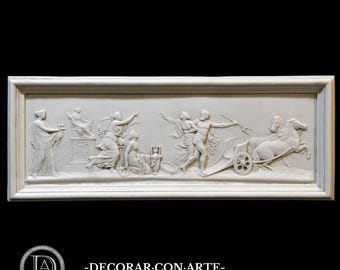 Bas-relief of the Abduction of Persephone. 58 x 23 cm. Neoclassical art. Molded marble. Handmade in Spain. Decoration and gift.