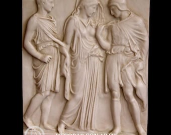 Orfeo, Ermes ed Euridice. 25 x 21,5 cm. Rilievo in marmo modellato. Decorazione da parete. Idee regalo.
