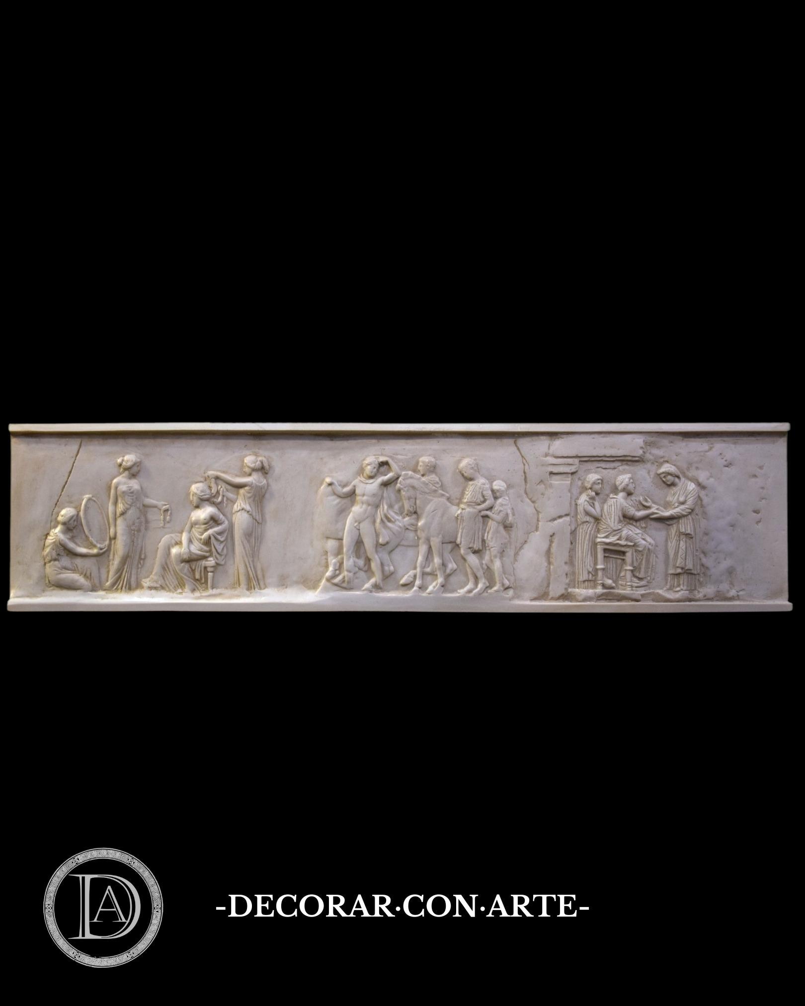 Greco-Roman bas-relief, various everyday scenes. 142 x 32 cm. Molded marble. Decorative and gift-giving. Classical art reproductions.