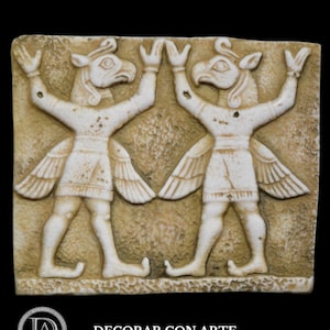Hittite relief with dancing genies. 18 x 15 cm. Reproduction made of molded marble. image 1