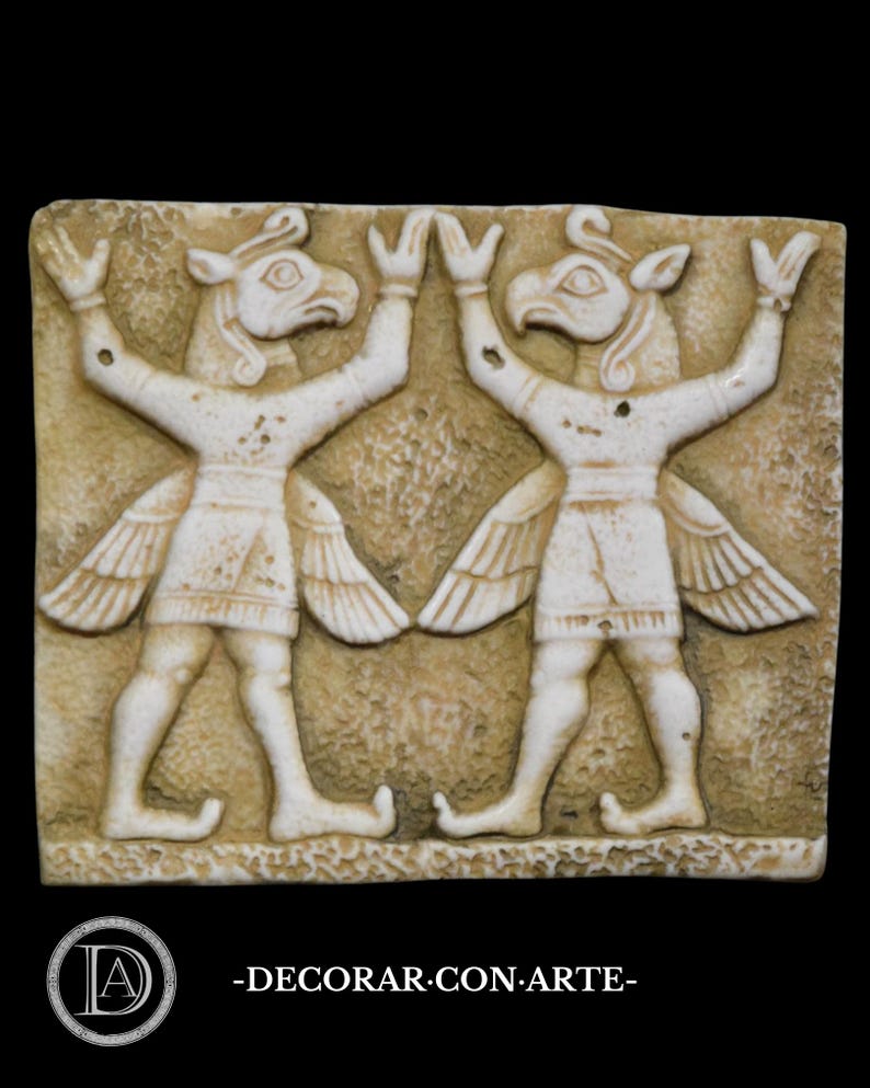 Hittite relief with dancing genies. 18 x 15 cm. Reproduction made of molded marble. image 1