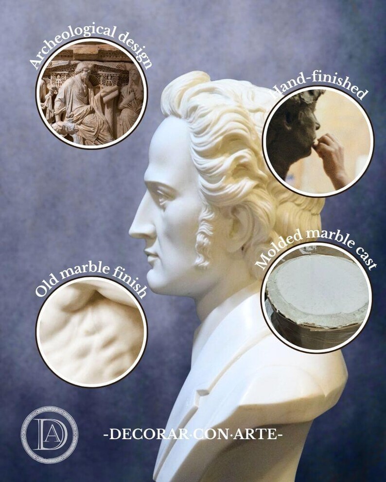 Puede incluir: Un busto de m&aacute;rmol blanco de un hombre con un acabado de m&aacute;rmol antiguo. El busto est&aacute; acabado a mano y hecho de un molde de m&aacute;rmol. La escultura est&aacute; inspirada en el dise&ntilde;o arqueol&oacute;gico.