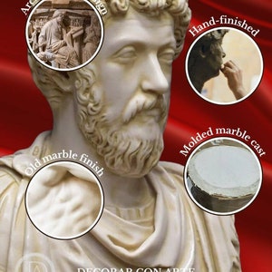 May include: A white marble bust of a Roman emperor with a beard. The bust is hand-finished and has an old marble finish. The image also shows details of the archeological design, the molded marble cast, and a hand finishing the bust.