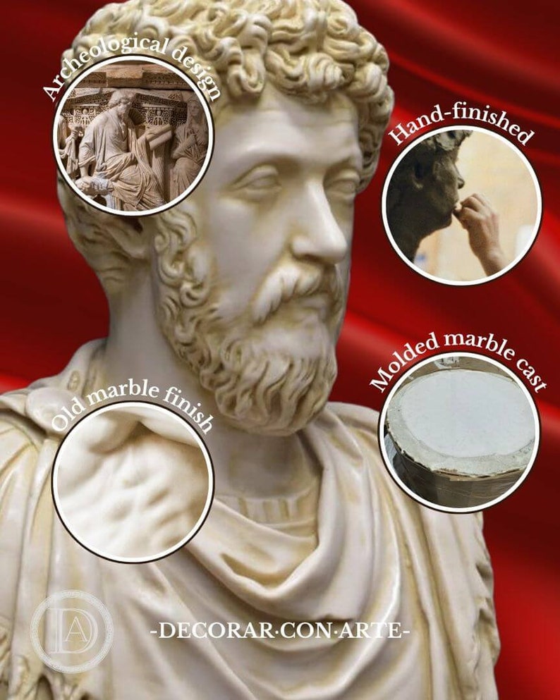May include: A white marble bust of a Roman emperor with a beard. The bust is hand-finished and has an old marble finish. The image also shows details of the archeological design, the molded marble cast, and a hand finishing the bust.