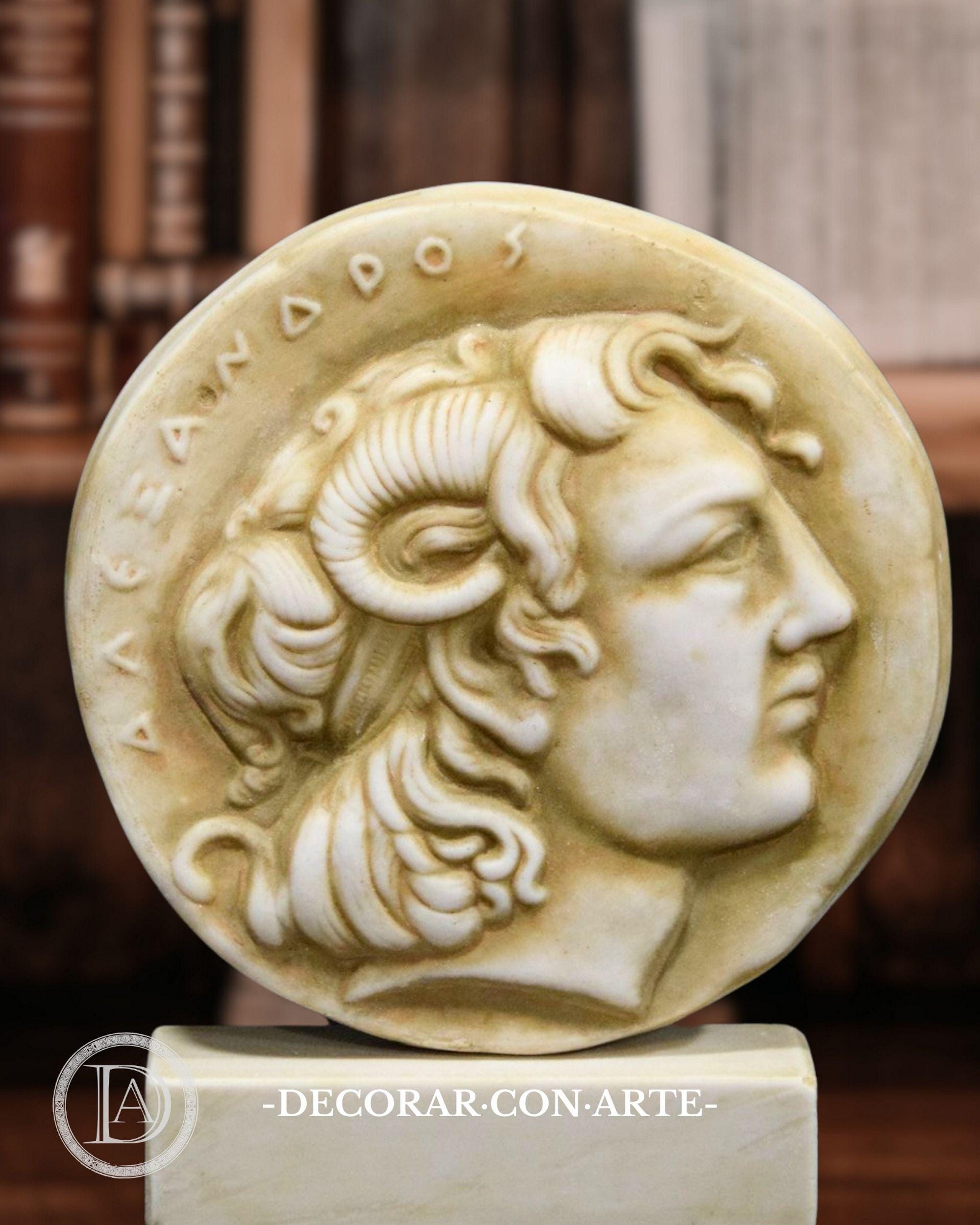 Alexander the Great Medallion. 18 x 15 cm. Cast marble reproduction. A gift for history lovers.
