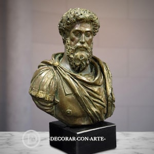Büste des Marcus Aurelius. 24 cm. Geformter Marmor. Bronzepatina. Reproduktionen antiker Kunst zur Dekoration und als Geschenk. Stoischer Philosoph.
