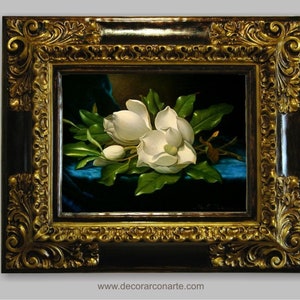 "Magnolia in blauw" schilderij van Heade. Reproductie van 64×54 cm. Oude schilderijen