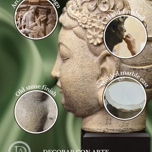 May include: A close-up of a hand-finished, molded marble cast sculpture of a woman's head. The sculpture has an old stone finish and is decorated with floral details. The image includes text that reads "Archeological design", "Hand-finished", "Molded marble cast", and "Old stone finish".