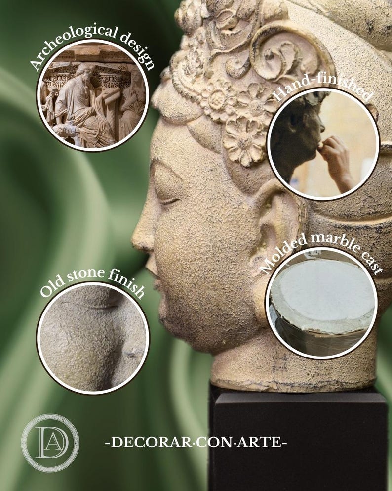 May include: A close-up of a hand-finished, molded marble cast sculpture of a woman's head. The sculpture has an old stone finish and is decorated with floral details. The image includes text that reads "Archeological design", "Hand-finished", "Molded marble cast", and "Old stone finish".
